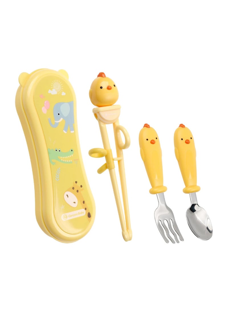 general Stainless steel children's silverware set for babies and toddlers with children's training chopsticks and baby spoon fork for self-feeding learning (set of 3) - Image 1