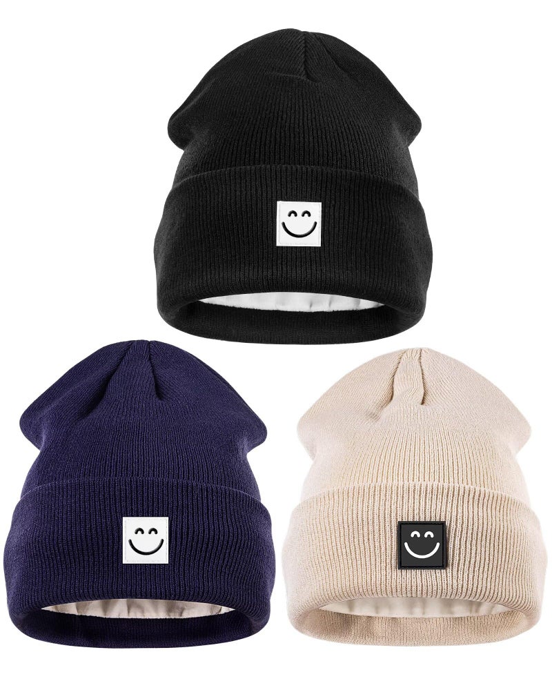 Hispeka Winter Beanie Hats for Women Men 3Pack,Fleece Lined Womens Winter Hats with Smiley Face,Warm Cute Beanie for Cold Weatherï¼ˆBlack+Navy Blue+Beigeï¼‰ - Image 1