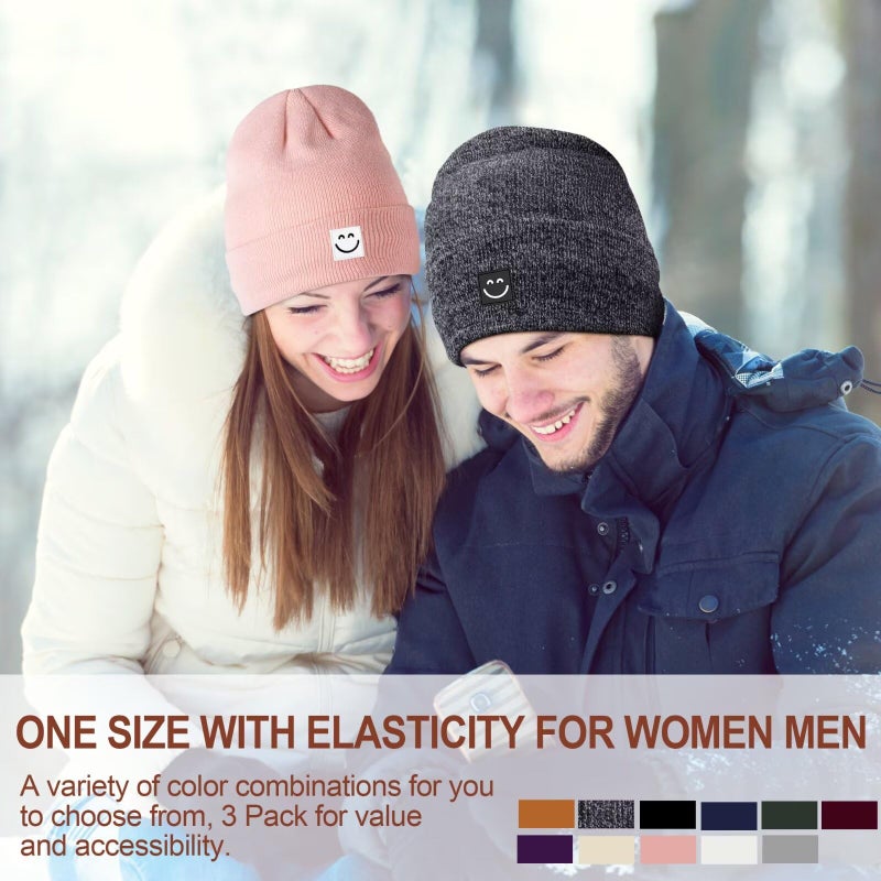 Hispeka Winter Beanie Hats for Women Men 3Pack,Fleece Lined Womens Winter Hats with Smiley Face,Warm Cute Beanie for Cold Weatherï¼ˆBlack+Navy Blue+Beigeï¼‰ - Image 5