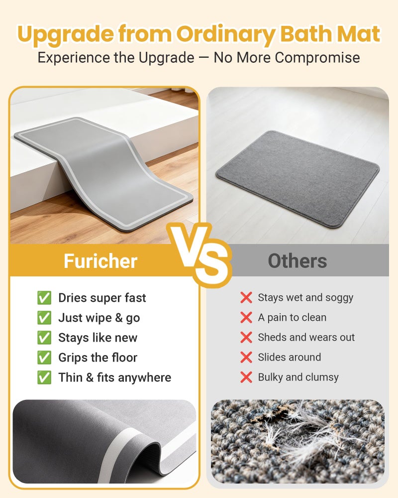 Furicher Soft Diatomaceous Earth Bath Mat, Quick Dry Bathroom Mats 2 Piece, Gray Super Absorbent Bath Mat Set, Washable Non Slip Bathroom Rugs, Stone Bath Mats Alternative, 15.74" x 23.62" Plus 15.74" x 47.2" - Image 3