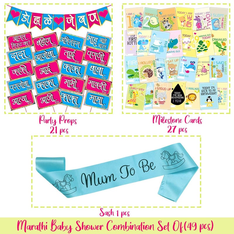 Wobbox Marathi Baby Shower Decoration Items| Baby Shower Ceremony Photo Booth Props for Photoshoot, Baby Shower Banner& Mom to Be Sash with Milestone Card, Godh Bharai Ceremony Decoration Kit-(FP218) - Image 2