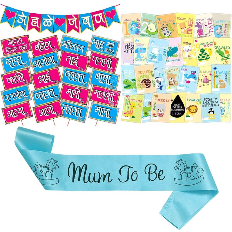 Wobbox Marathi Baby Shower Decoration Items| Baby Shower Ceremony Photo Booth Props for Photoshoot, Baby Shower Banner& Mom to Be Sash with Milestone Card, Godh Bharai Ceremony Decoration Kit-(FP218) - Image 1