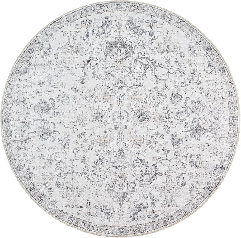 jinchan Round Rug 5ft Area Rug Washable Vintage Indoor Retro Entryway Floor Cover Distressed Gray Floral 5' Round Circle Boho Non Slip Thin Carpet for Kitchen Bedroom Living Room Dining Room Grey - Image 1
