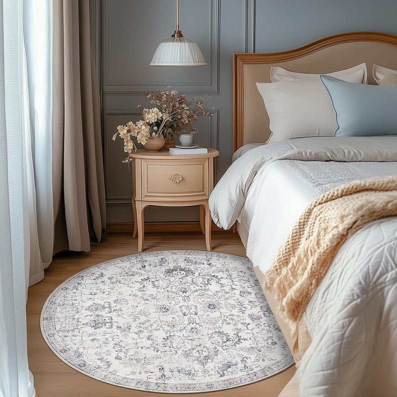 jinchan Round Rug 5ft Area Rug Washable Vintage Indoor Retro Entryway Floor Cover Distressed Gray Floral 5' Round Circle Boho Non Slip Thin Carpet for Kitchen Bedroom Living Room Dining Room Grey - Image 3