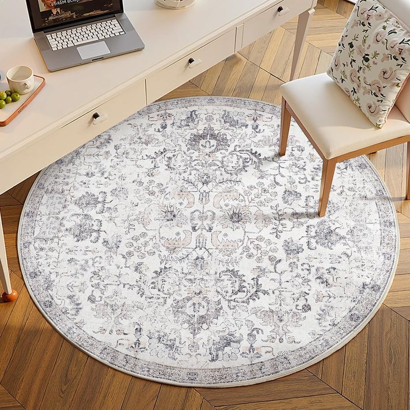 jinchan Round Rug 5ft Area Rug Washable Vintage Indoor Retro Entryway Floor Cover Distressed Gray Floral 5' Round Circle Boho Non Slip Thin Carpet for Kitchen Bedroom Living Room Dining Room Grey - Image 2