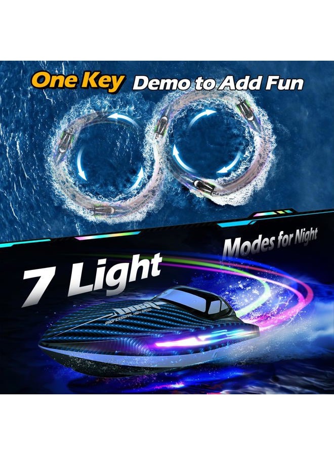 jogpun قارب تحكم عن بعد بسرعة 30 كم/ساعة مع 7 أوضاع إضاءة LED مقاوم للماء قارب كهربائي سريع للبالغين والأطفال من 8-12 سنة للعب في البحيرات والمسابح، ذاتية الاستقامة، عرض، تبريد بالماء، 20 دقيقة، تنبيه البطارية المنخفضة، 2.4 جيجاهرتز، أزرق - Image 5