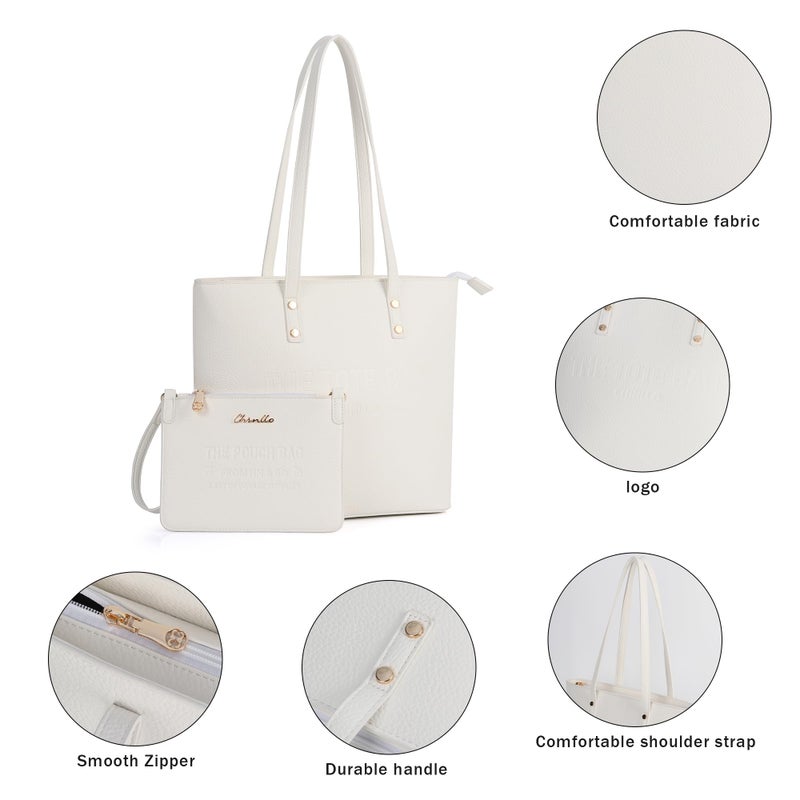 Chinllo Tote Bag for Women, Medium Top Handle Handbags Purse Set with Clutch Bag (D.White) - Image 3