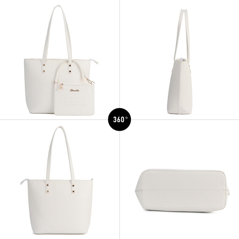 Chinllo Tote Bag for Women, Medium Top Handle Handbags Purse Set with Clutch Bag (D.White) - Image 4