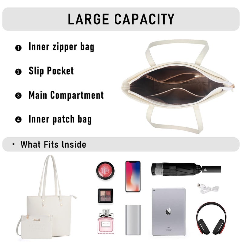 Chinllo Tote Bag for Women, Medium Top Handle Handbags Purse Set with Clutch Bag (D.White) - Image 5
