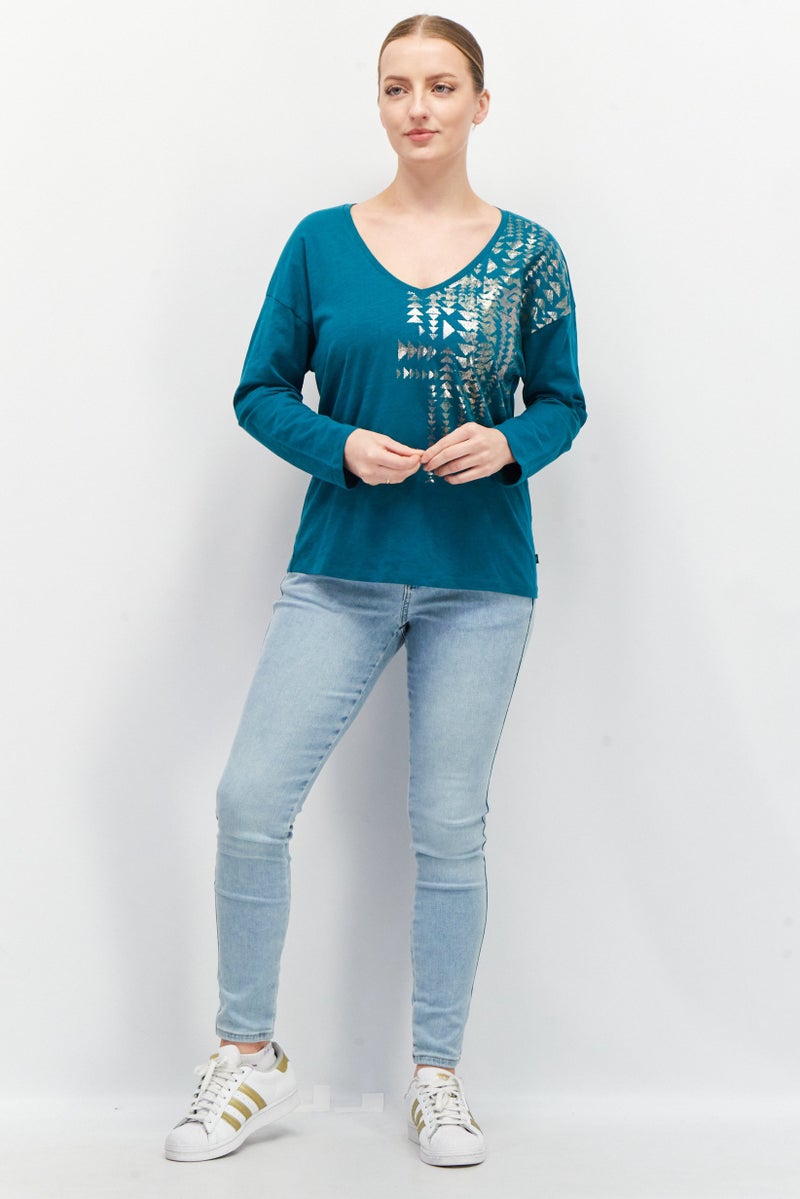 EDC Women V Neck Long Sleeves Metallic Print T-Shirt, Teal Green - Image 4
