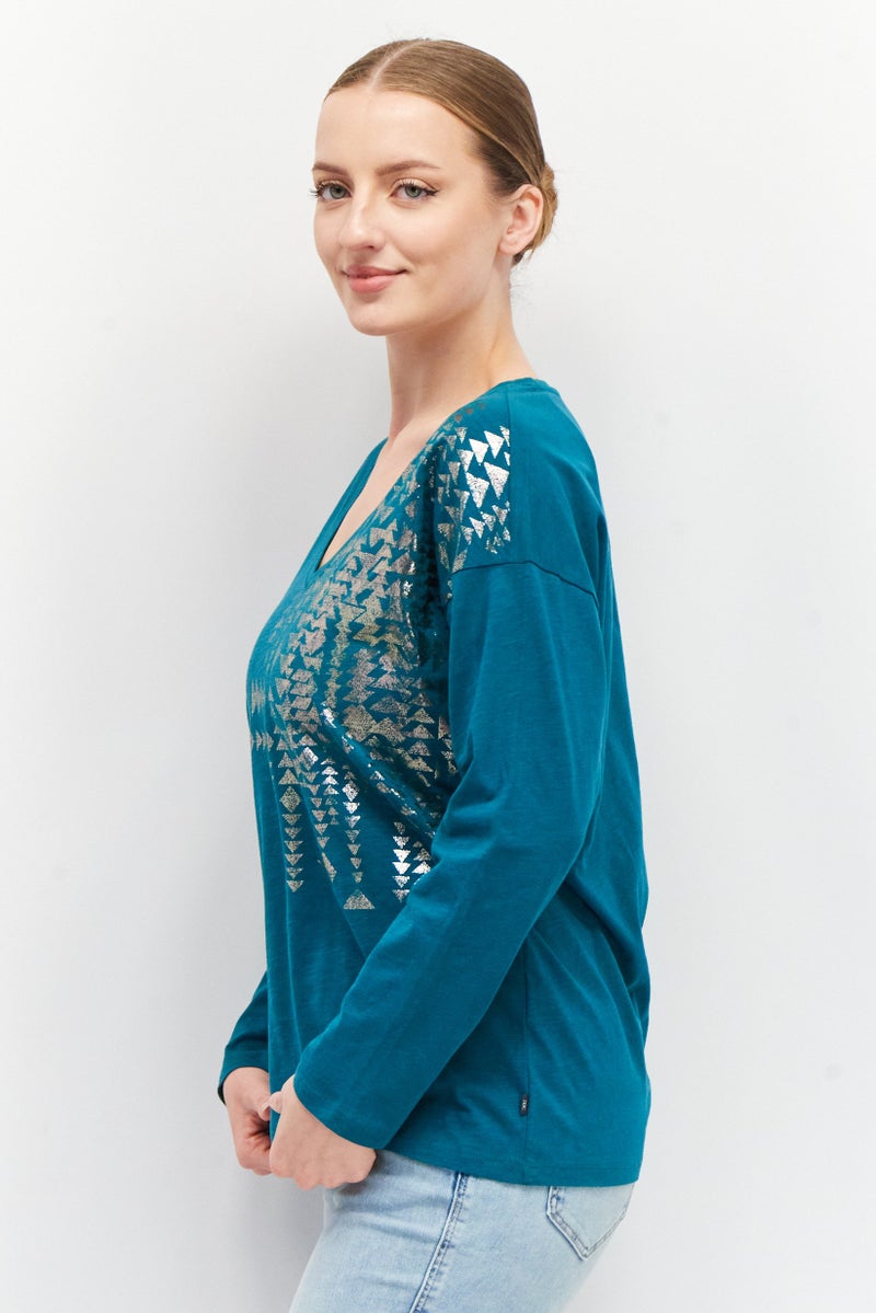 EDC Women V Neck Long Sleeves Metallic Print T-Shirt, Teal Green - Image 2
