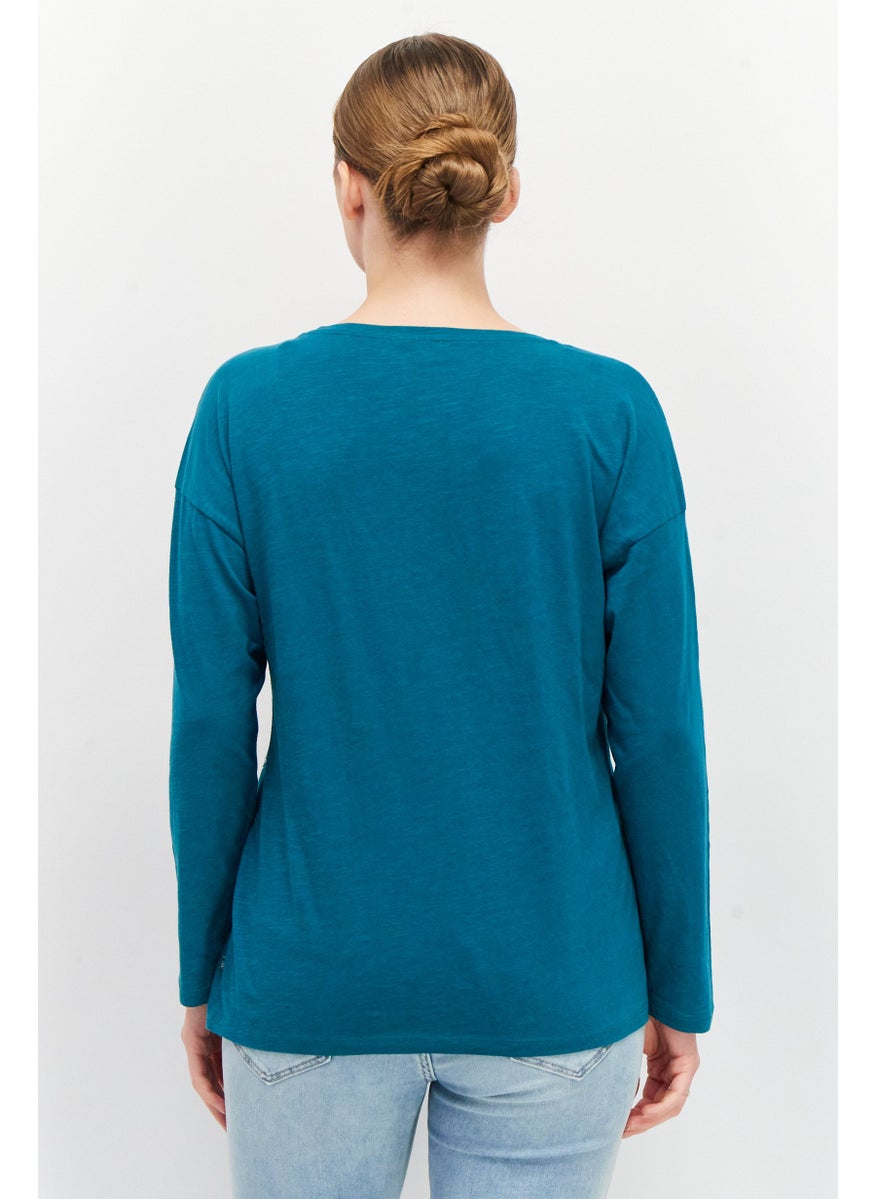 EDC Women V Neck Long Sleeves Metallic Print T-Shirt, Teal Green  - Image 3