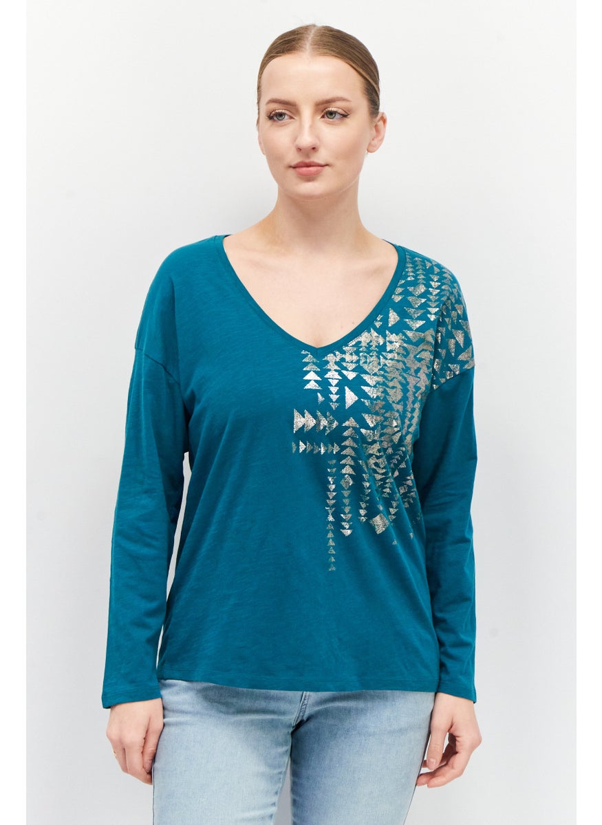 EDC Women V Neck Long Sleeves Metallic Print T-Shirt, Teal Green  - Image 1