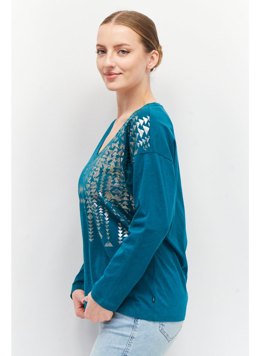 EDC Women V Neck Long Sleeves Metallic Print T-Shirt, Teal Green  - Image 2