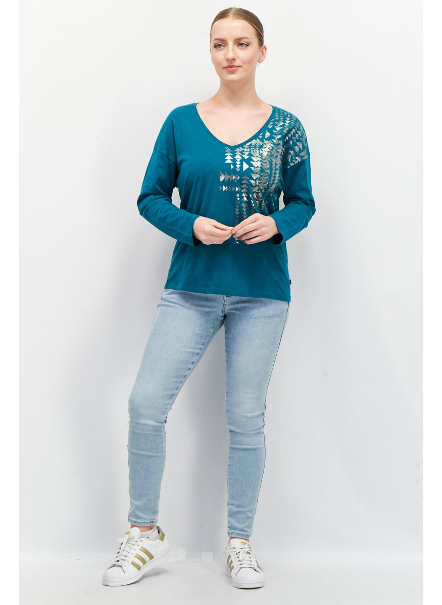 EDC Women V Neck Long Sleeves Metallic Print T-Shirt, Teal Green  - Image 4
