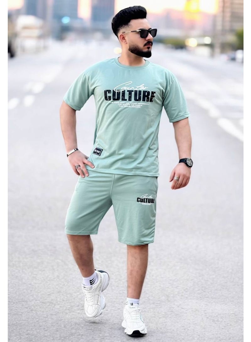 طقم شورت وتيشيرت رجالي مطبوع بتصميم "Urban Culture" باللون الأخضر النعناعي