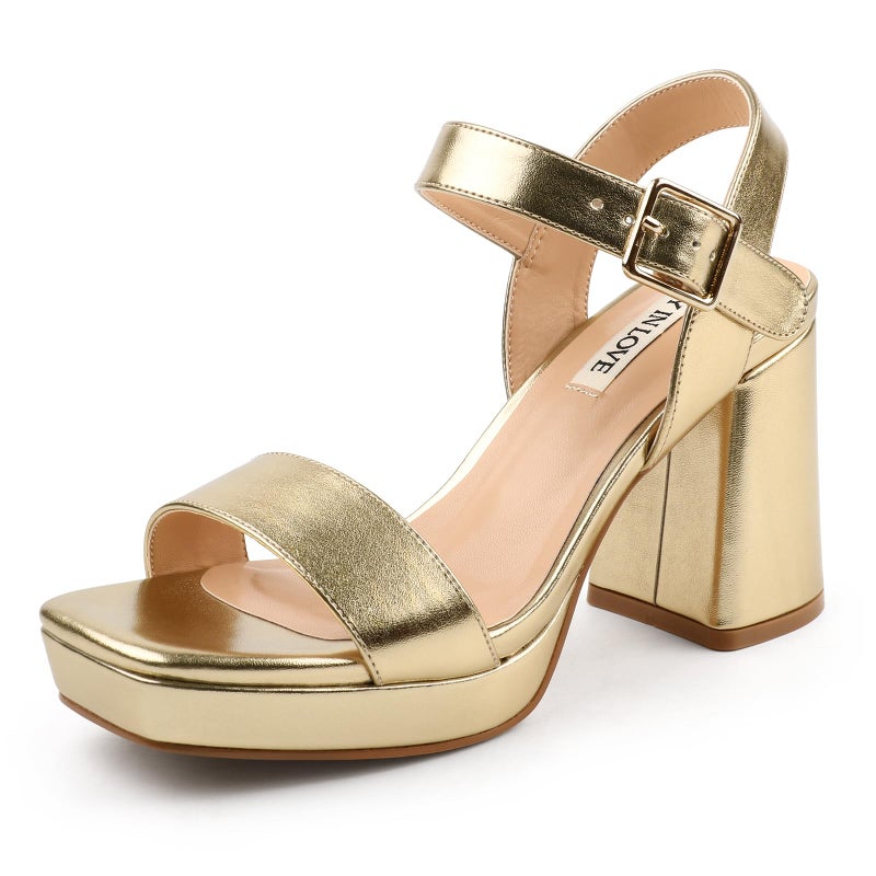 JOY IN LOVE Women's Chunky Platform High Heels Ankle Strap Block Heel Sandals Gold Matte US7.5 - Image 1