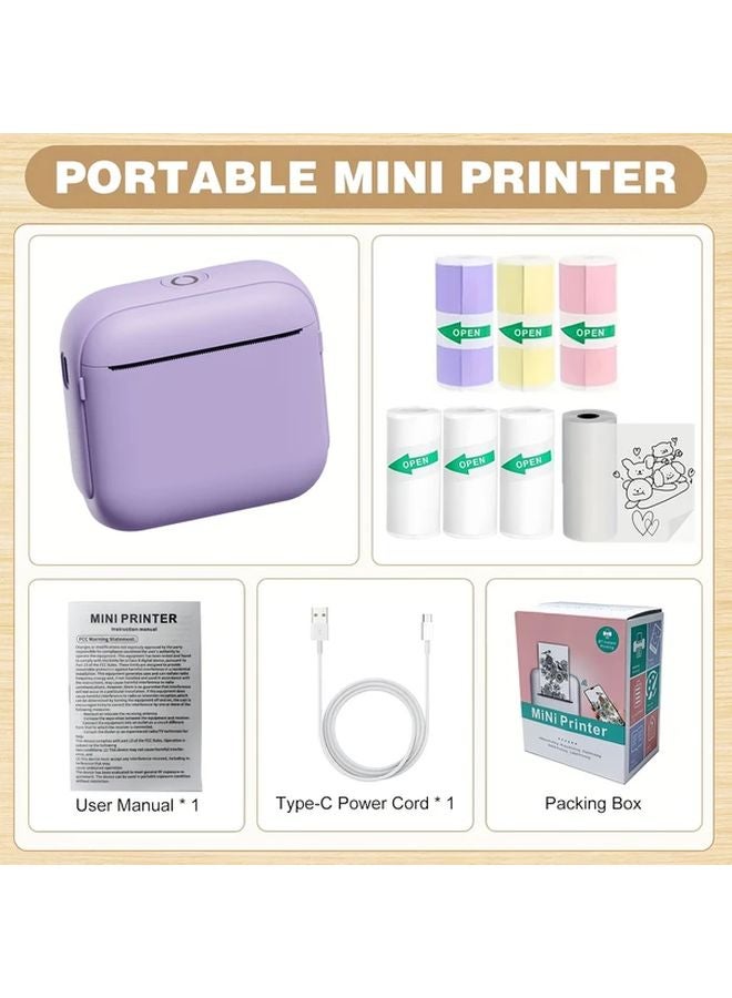 Mini Portable Wireless Thermal Printer Purple with 3 Color 1 Transparent Sticker Rolls - Image 3