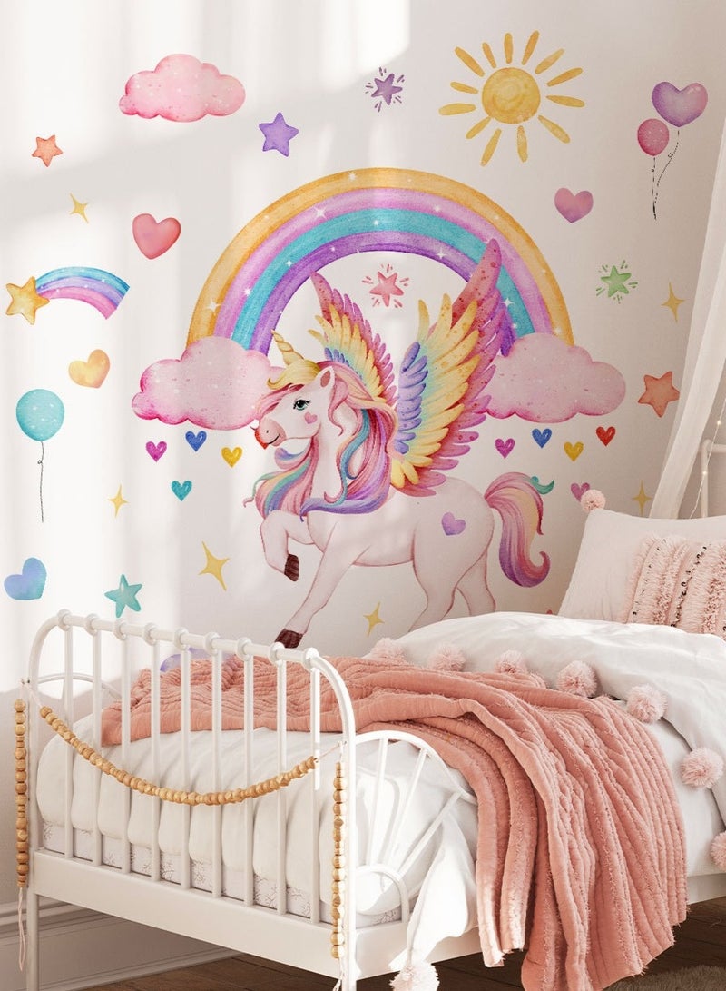 ملصق حائط يونيكورن قوس قزح – ملصق حائط كبير مقاوم للماء بنظام اللصق الذاتي، مثالي لتزيين غرفة الفتيات، الحضانة، غرفة النوم وديكور الأطفال. يتميز بفن يونيكورن قوس قزح السحري، مع تطبيق سهل في المنزل أو المدرسة، وفكرة هدية DIY فريدة. (113 سم × 103 سم / 44.5 بوصة × 40.5 بوصة) - Image 1