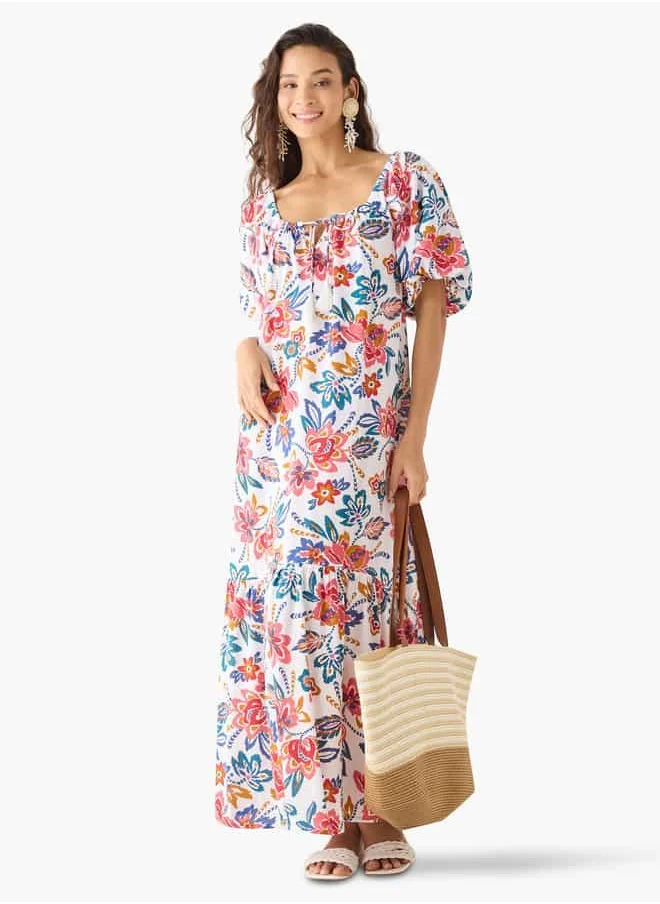 فاف Floral Print A-line Maxi Dress with Short Sleeves