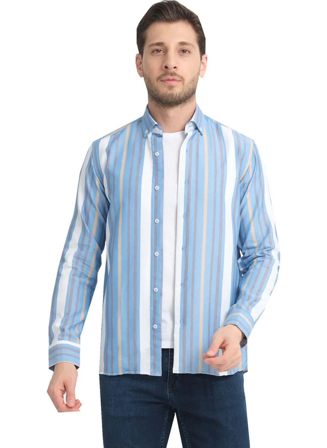 فاريتا Men's Blue Claret Red Striped Pocketless Linen Effect Oxford Wide Cut Long Sleeve Shirt