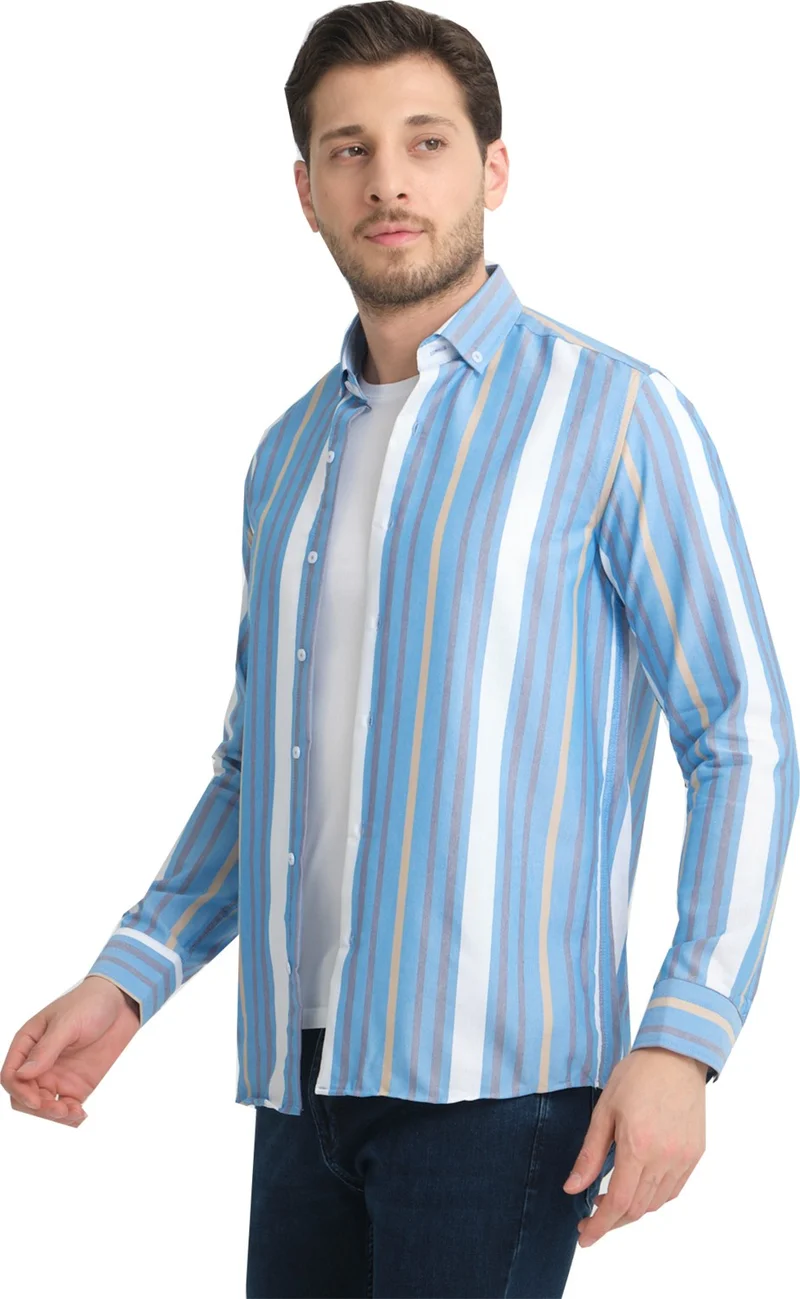 فاريتا Men's Blue Claret Red Striped Pocketless Linen Effect Oxford Wide Cut Long Sleeve Shirt