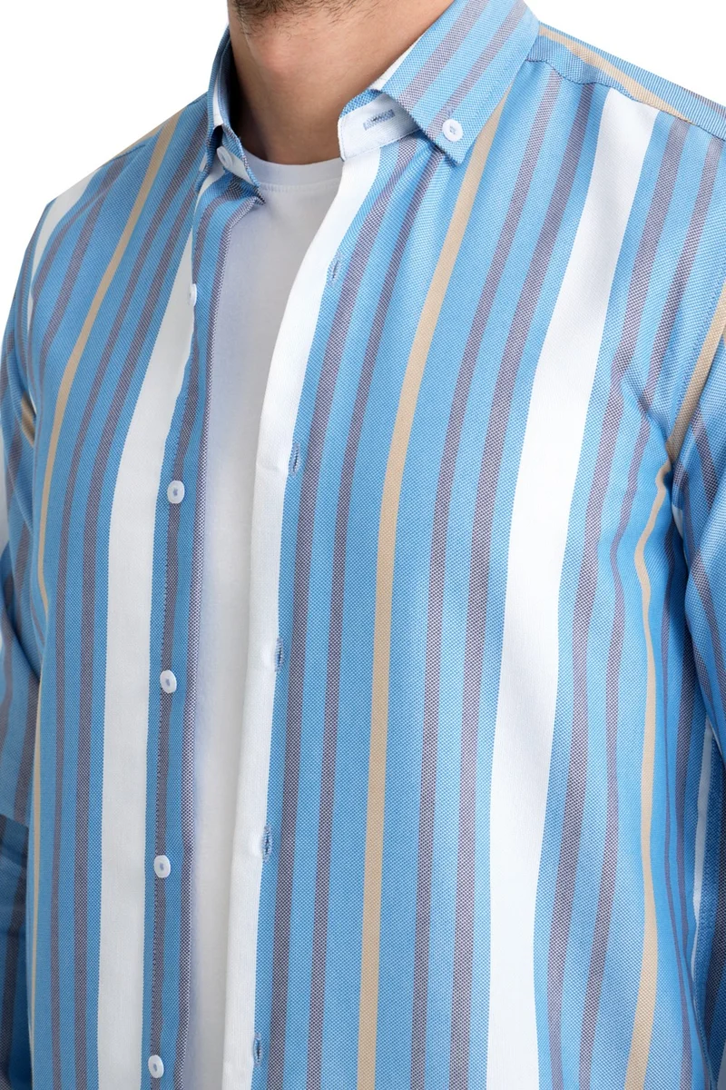 فاريتا Men's Blue Claret Red Striped Pocketless Linen Effect Oxford Wide Cut Long Sleeve Shirt