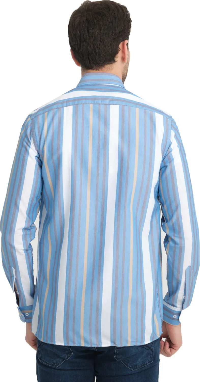 فاريتا Men's Blue Claret Red Striped Pocketless Linen Effect Oxford Wide Cut Long Sleeve Shirt