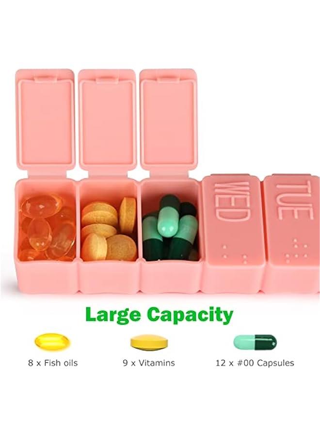 Arabest 2Pack Weekly Pill Organizer,7 Days Pill Cases Travel Daily Pill Box Medicine Organizer Pill Box 7 Day Pill Organizer Weekly for Fish Oil, Calcium Tablets Supplements (Pink+Beige)  - Image 4