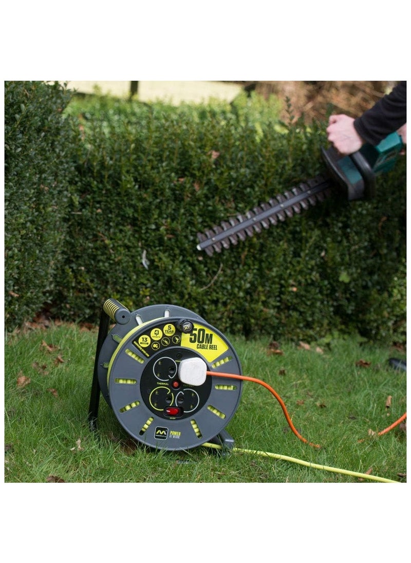 MASTERPLUG - Four Socket Open Cable Reel with Winding Handle, Thermal Cut Out and Power Switch, 50 Metres High Visibility Cable, Green - Image 1