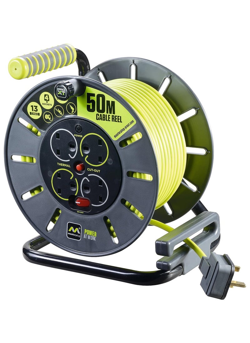 MASTERPLUG - Four Socket Open Cable Reel with Winding Handle, Thermal Cut Out and Power Switch, 50 Metres High Visibility Cable, Green - Image 1