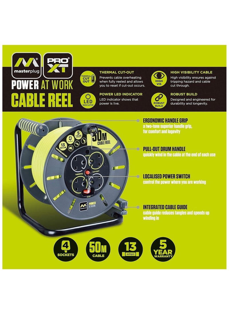 MASTERPLUG - Four Socket Open Cable Reel with Winding Handle, Thermal Cut Out and Power Switch, 50 Metres High Visibility Cable, Green - Image 1