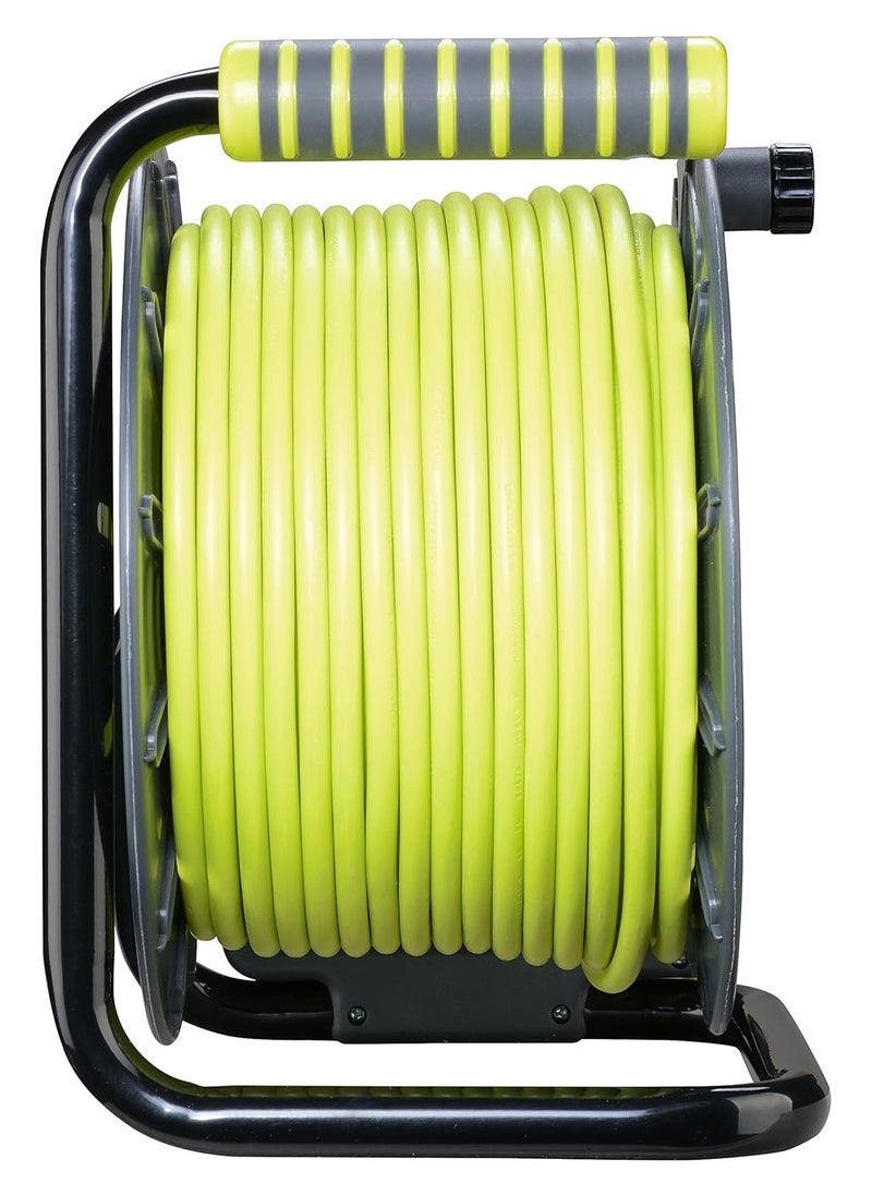 MASTERPLUG - Four Socket Open Cable Reel with Winding Handle, Thermal Cut Out and Power Switch, 50 Metres High Visibility Cable, Green - Image 1