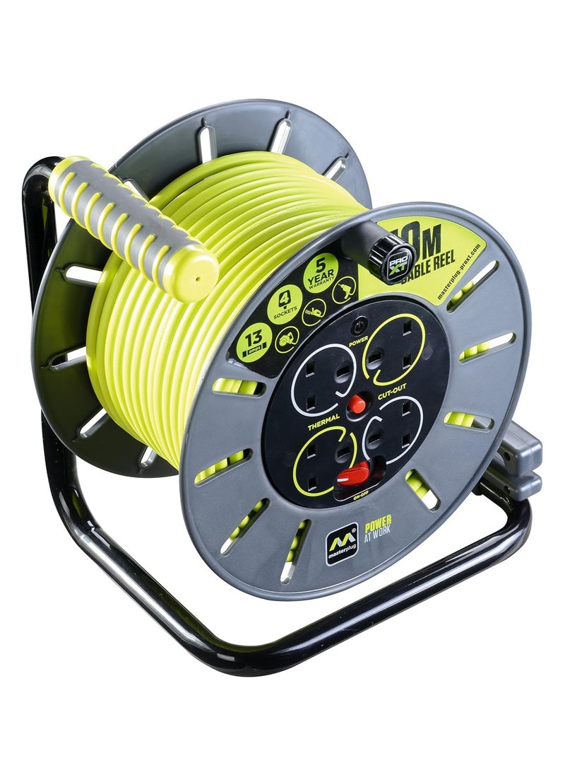 MASTERPLUG - Four Socket Open Cable Reel with Winding Handle, Thermal Cut Out and Power Switch, 50 Metres High Visibility Cable, Green - Image 1