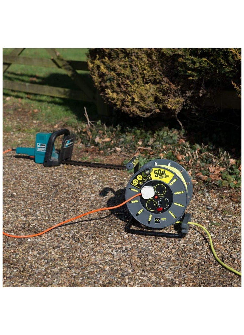 MASTERPLUG - Four Socket Open Cable Reel with Winding Handle, Thermal Cut Out and Power Switch, 50 Metres High Visibility Cable, Green - Image 1