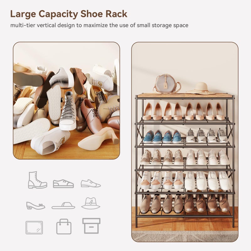 IBUYKE 6 Tier Shoe Rack, Large Capacity Shoe Storage Organizer for 24 Pairs of Shoes, Metal Shoe Storage Rack with Shelf for Entryway Hallway Closet Garage, Rustic Brown and Black TXJ016H - Image 5
