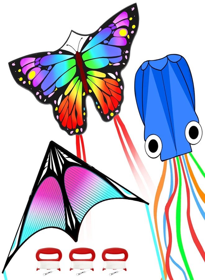 Flying Hoofer 3 Pack Kite Set for Kids & Adults, Easy to Fly Kites for Beginners, Large Butterfly Delta Octopus Kite for Beach&Park&Outdoor Activities, Perfect for Family Outing(Blue&Rainbow&Blue) - Image 1