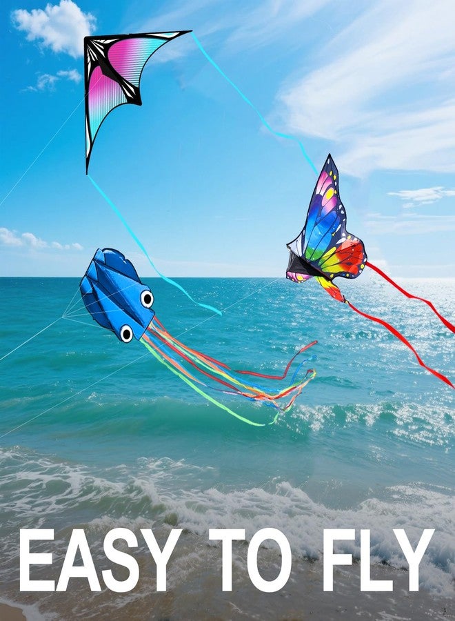 Flying Hoofer 3 Pack Kite Set for Kids & Adults, Easy to Fly Kites for Beginners, Large Butterfly Delta Octopus Kite for Beach&Park&Outdoor Activities, Perfect for Family Outing(Blue&Rainbow&Blue) - Image 2