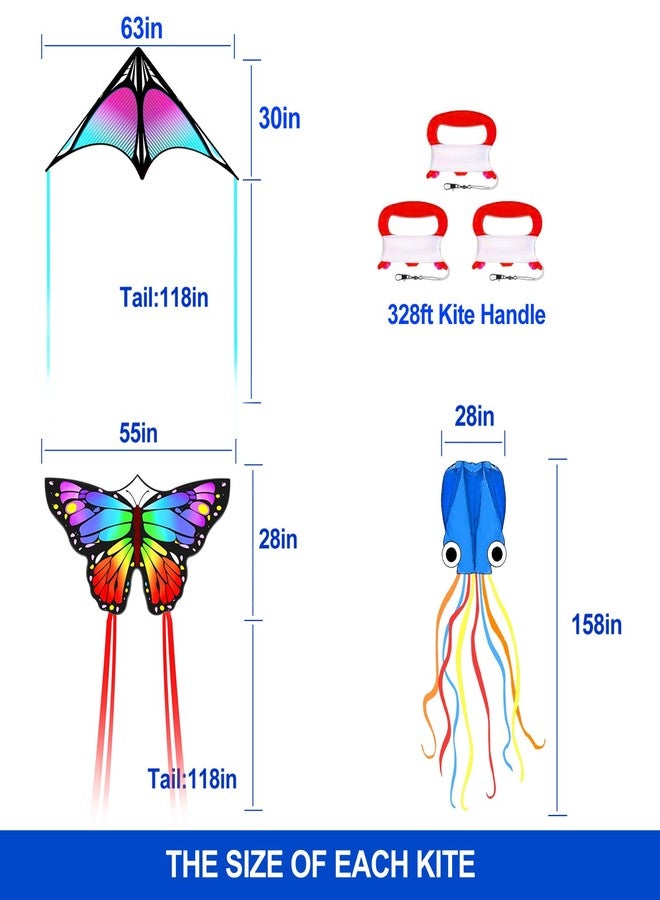 Flying Hoofer 3 Pack Kite Set for Kids & Adults, Easy to Fly Kites for Beginners, Large Butterfly Delta Octopus Kite for Beach&Park&Outdoor Activities, Perfect for Family Outing(Blue&Rainbow&Blue) - Image 3
