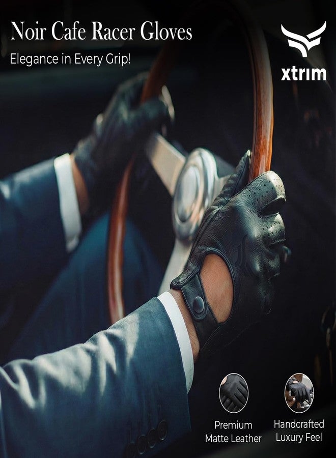 XTRIM Noir Cafe Racer Gloves (Large) Premium Leather Gloves for Men, Secure Metal Button Closure, Double-Stitched Detailing, Matte Finish, Breathable Lining, Iconic Style for Driving & Riding - Image 2