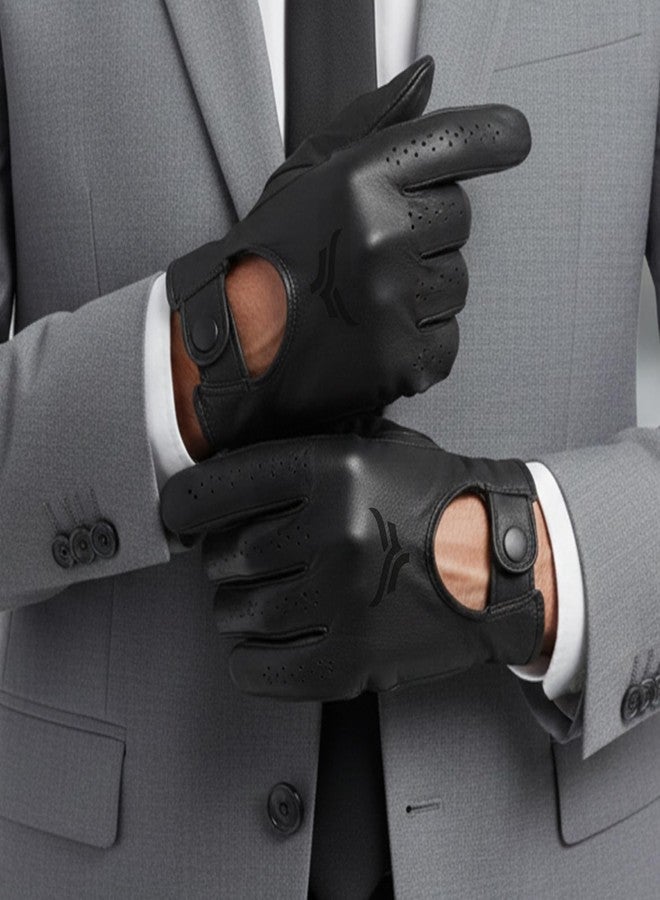 XTRIM Noir Cafe Racer Gloves (Large) Premium Leather Gloves for Men, Secure Metal Button Closure, Double-Stitched Detailing, Matte Finish, Breathable Lining, Iconic Style for Driving & Riding - Image 1