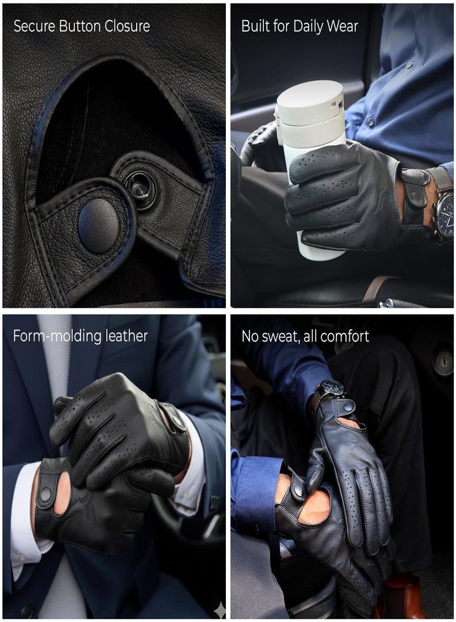 XTRIM Noir Cafe Racer Gloves (Large) Premium Leather Gloves for Men, Secure Metal Button Closure, Double-Stitched Detailing, Matte Finish, Breathable Lining, Iconic Style for Driving & Riding - Image 3