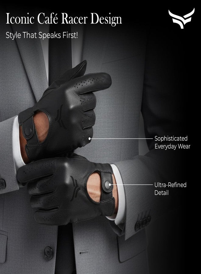XTRIM Noir Cafe Racer Gloves (Large) Premium Leather Gloves for Men, Secure Metal Button Closure, Double-Stitched Detailing, Matte Finish, Breathable Lining, Iconic Style for Driving & Riding - Image 5