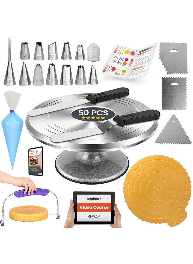 RFAQK RFAQK 50PCs Cake Decorating Supplies Kit with 12" Aluminum Rotating Cake Turntable Stand, Professional Leveler, Straight & Offset Spatulas, 12 Numbered Icing Tips & Bags  - Image 1