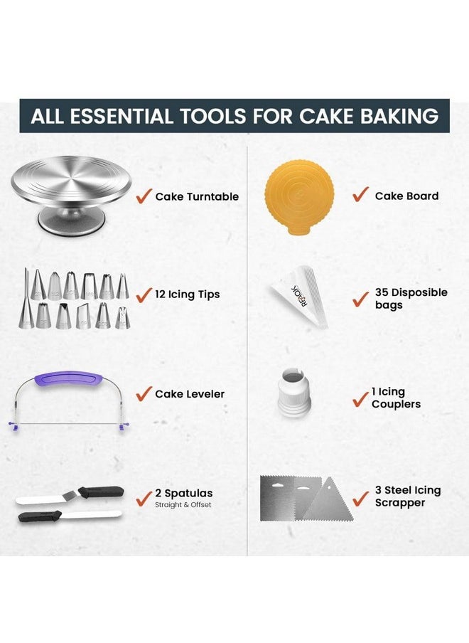RFAQK RFAQK 50PCs Cake Decorating Supplies Kit with 12" Aluminum Rotating Cake Turntable Stand, Professional Leveler, Straight & Offset Spatulas, 12 Numbered Icing Tips & Bags  - Image 2