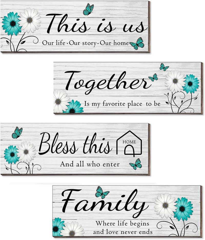 Joyhawk 4 Pcs White Farmhouse Wall Decor with Teal Butterflies & Daisies, Rustic Wooden Signs Set, Floral Wall Art for Living Room Bedroom, Housewarming Gift, 4.7" x 13.8" - Image 1