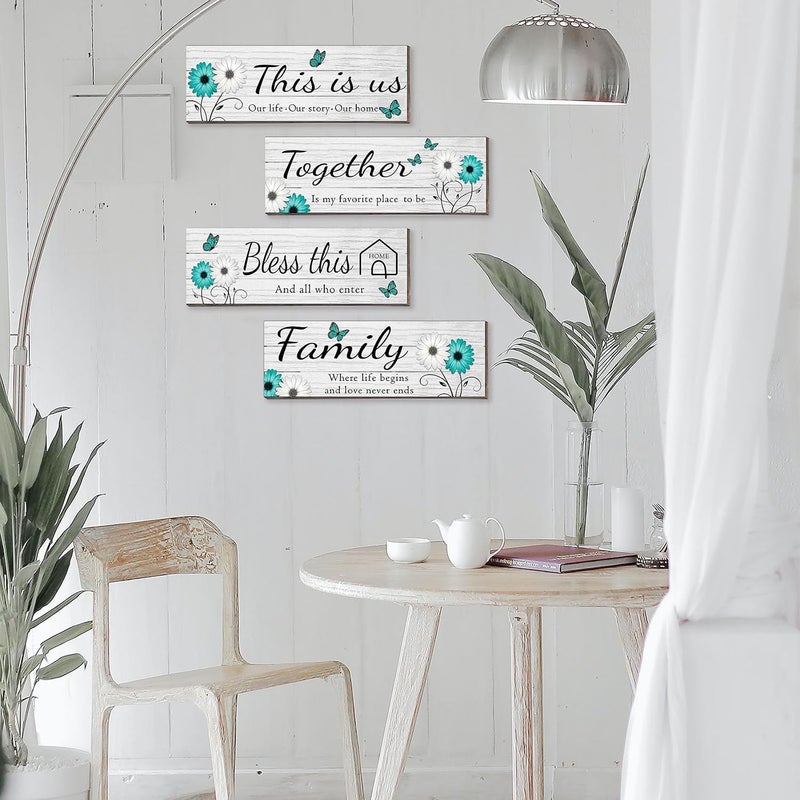 Joyhawk 4 Pcs White Farmhouse Wall Decor with Teal Butterflies & Daisies, Rustic Wooden Signs Set, Floral Wall Art for Living Room Bedroom, Housewarming Gift, 4.7" x 13.8" - Image 3