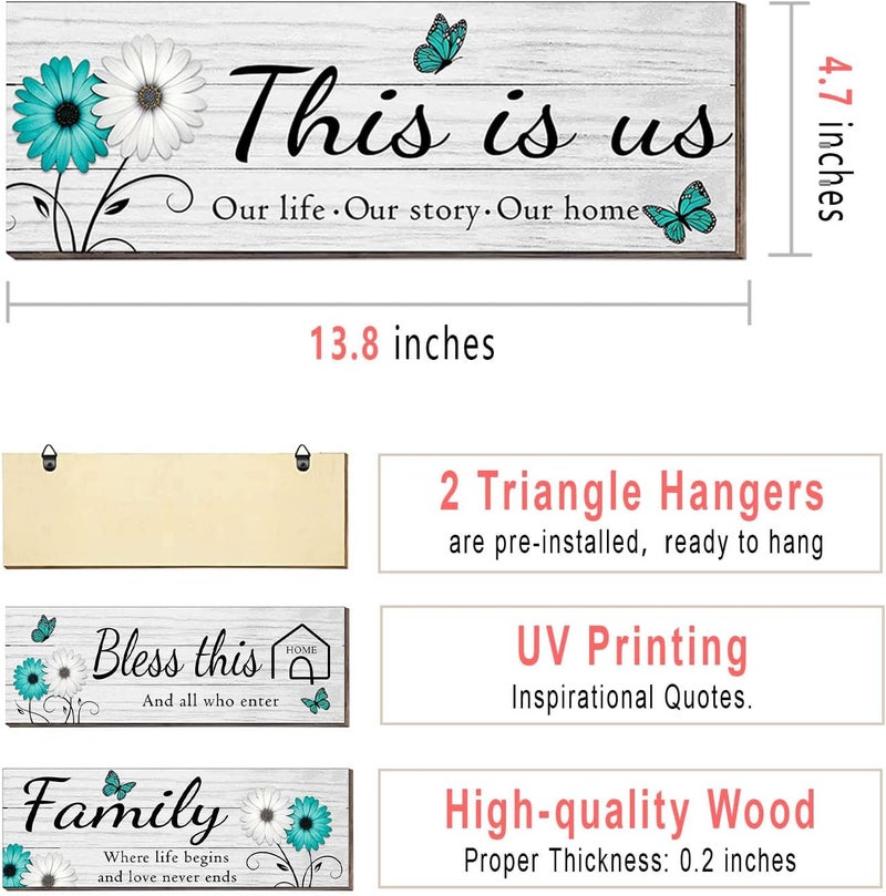 Joyhawk 4 Pcs White Farmhouse Wall Decor with Teal Butterflies & Daisies, Rustic Wooden Signs Set, Floral Wall Art for Living Room Bedroom, Housewarming Gift, 4.7" x 13.8" - Image 2