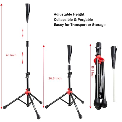 Storgem Batting Baseball tee Softball, Easy to Adjustable Height,Portable Tripod Stand Base Tee for Hitting Training Practice,with Carrying Bag (Black Red Pro) - Image 5