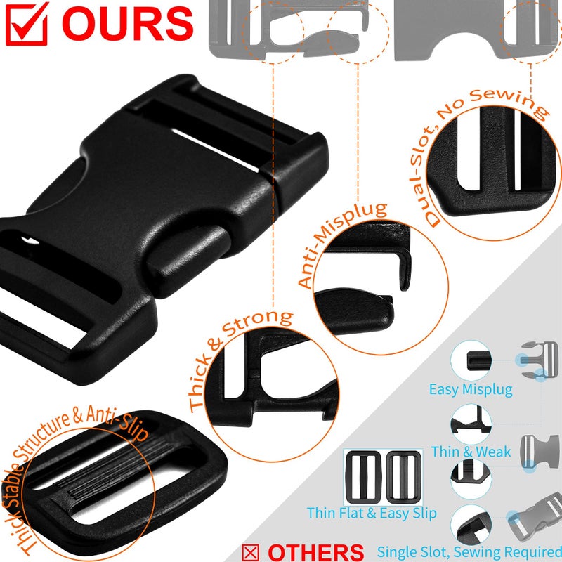 LASIGHT Buckles for 1 inch Wide Webbing Straps: Quick Side Release Buckle 10 set and Tri-Glide Slide 20 pcs Fit 1" Nylon Web Belt, Plastic Snap Fastener Clip Heavy Duty Replacement Dual Adjustable - Image 4